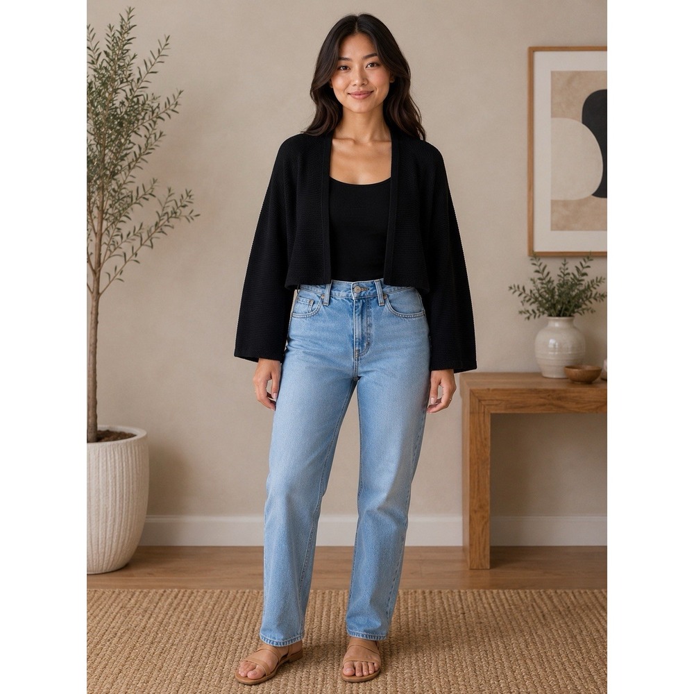 BOSS Hugo Boss Womens L Black Ribbed Knit Open Front Cardigan Sweater -3666